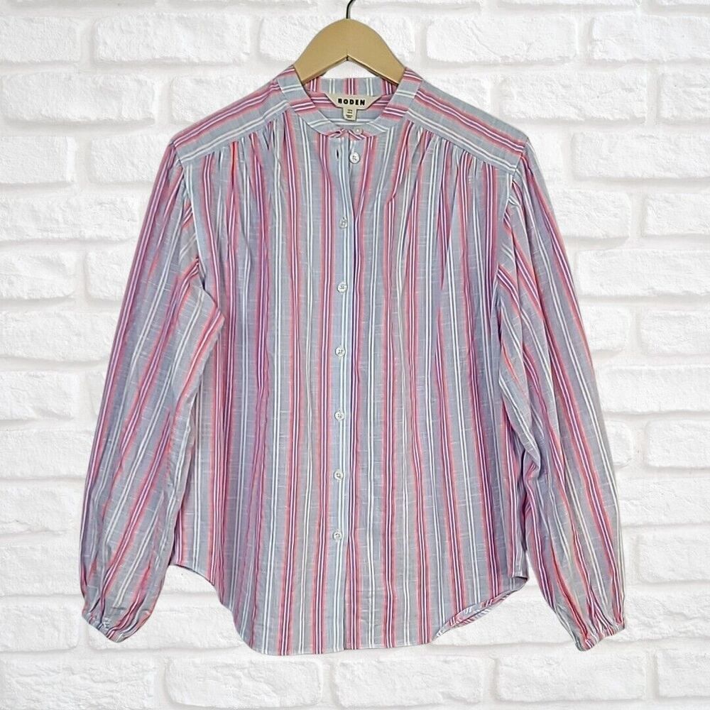 Boden Top 4 Gray‎ Neon Stripe Cotton Button Front Band Collar Oversized Shirt